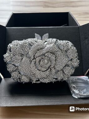 Silver Crystal Rose Evening Clutch